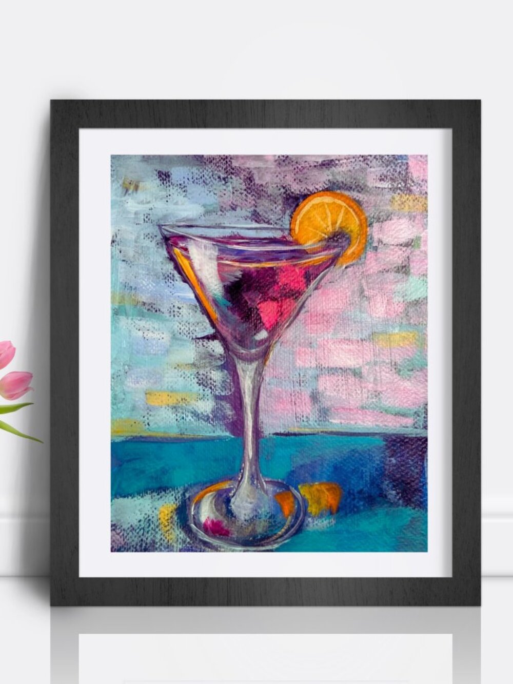 Abstract Cocktail Martini Wall Art - Pink and Teal Home Decor Painting